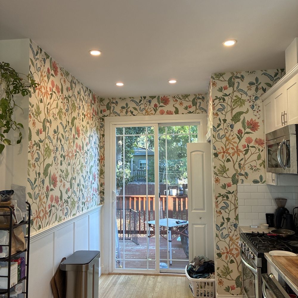 Installed patterned feature wall in a warm interior