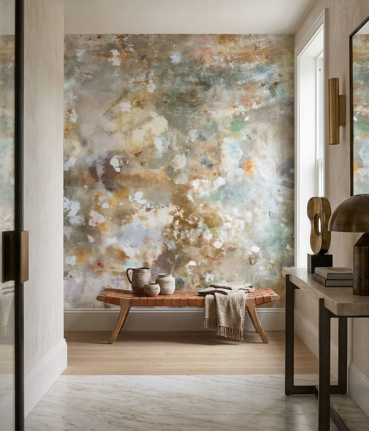 Abstract mural wallpaper detail in a modern interior